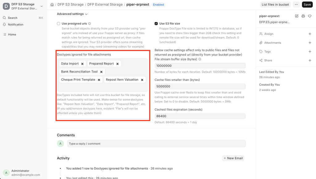DFP External Storage — Excluded DocTypes setting